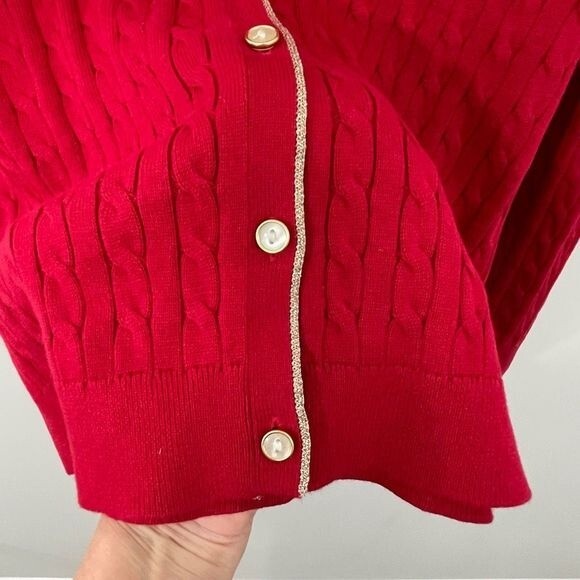 Lands' End Women's Cable Knit Gold Contrast Trim V-Neck Cardigan Sweater Red PL - Picture 3 of 7